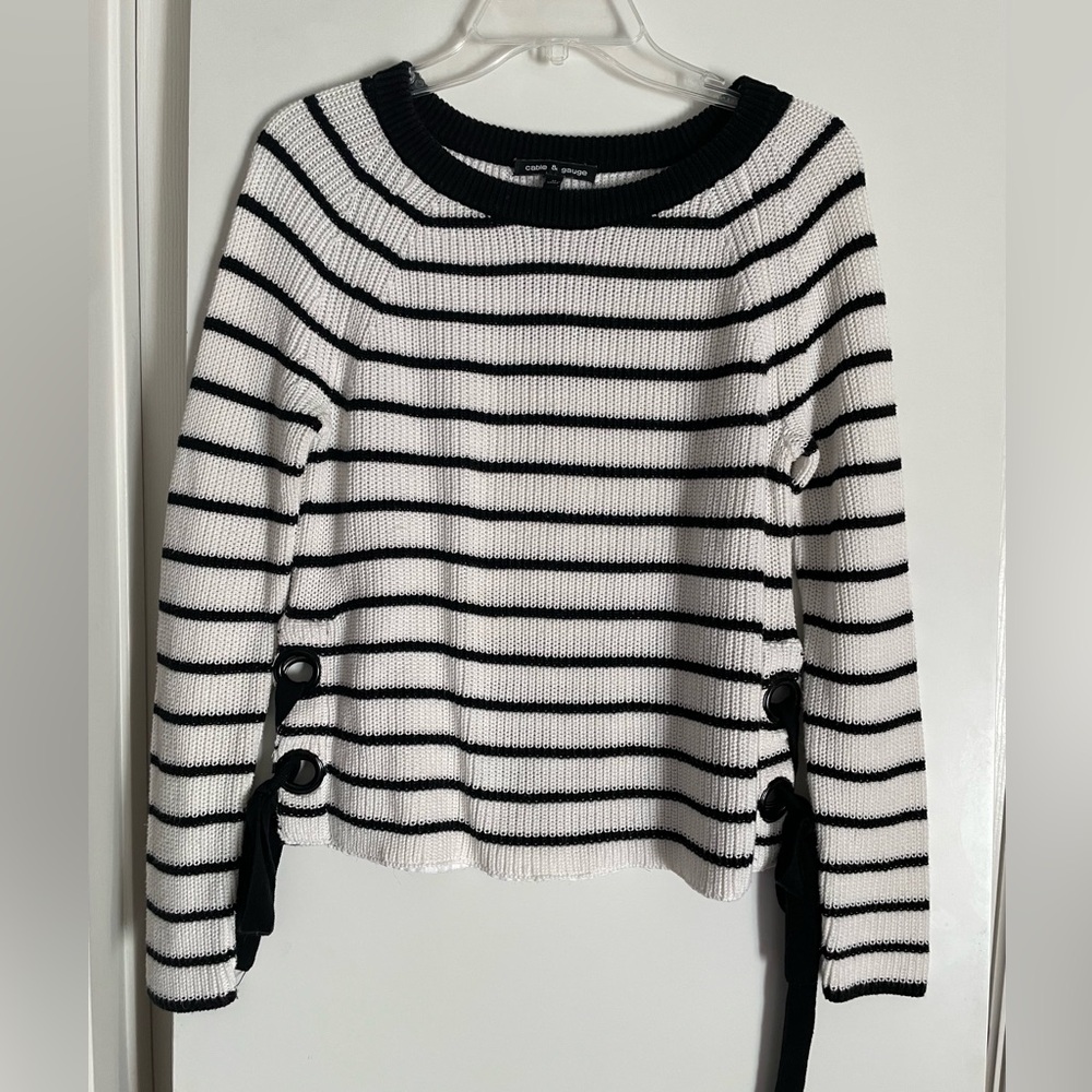 Cable & Gauge Cotton Breton Stripe Long Sleeve Sweater Top Black White